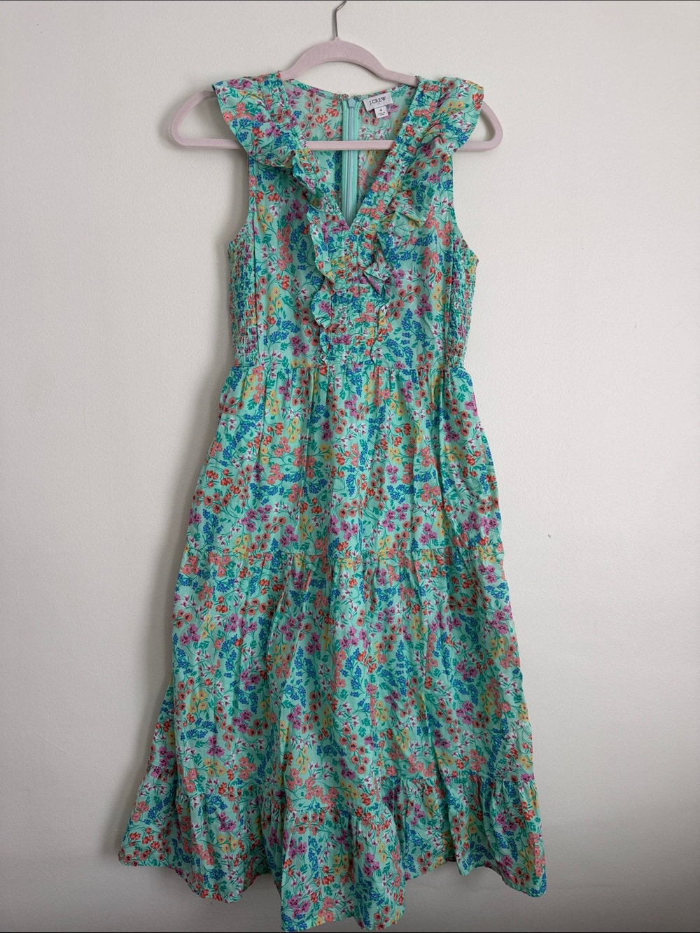 J. Crew Aqua Green Floral Ruffle Midi Dress